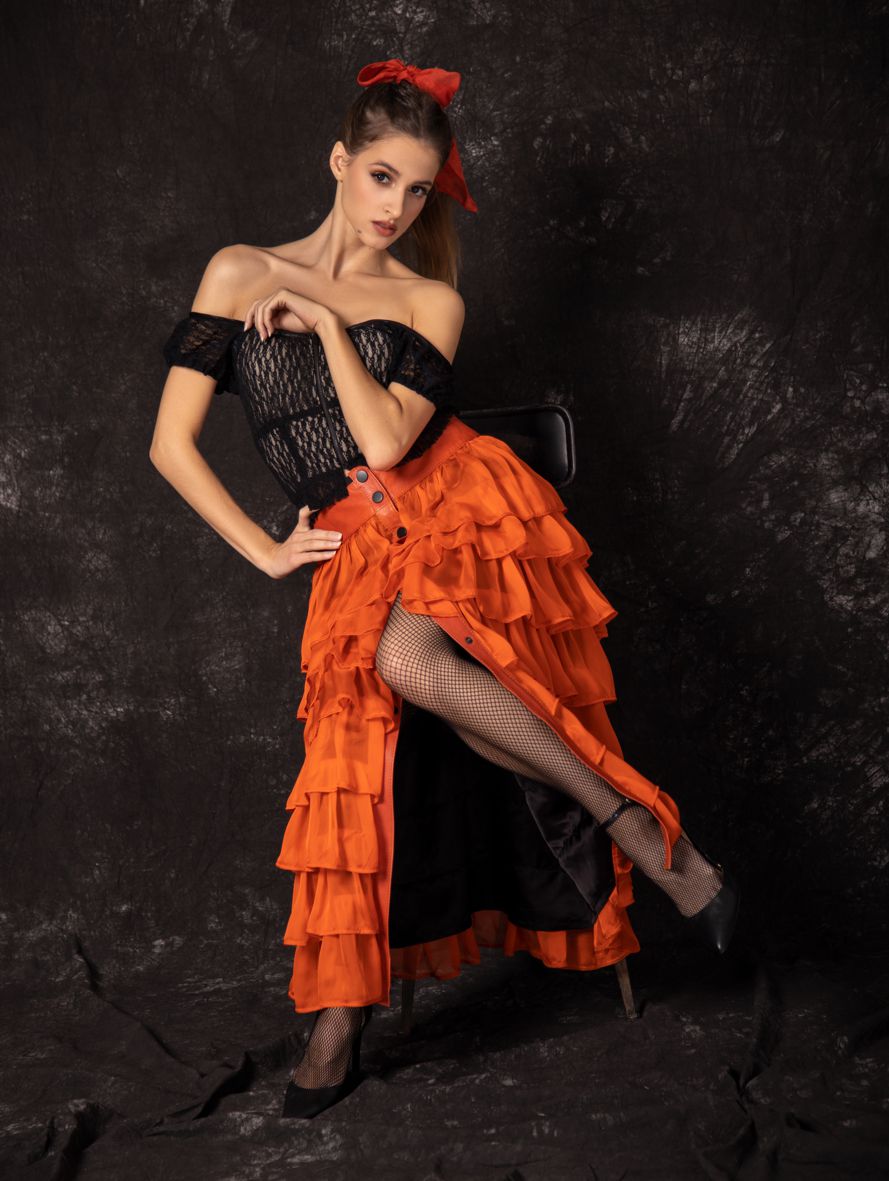 maxi skirt made of silk and leather, silk skirt with leather yoke and frills, skirt with orange frills, maxi skirt, long skirt with yoke made of natural leather and silk chiffon, maxi silk skirt, Spanish skirt, Spanish maxi skirt, orange skirt