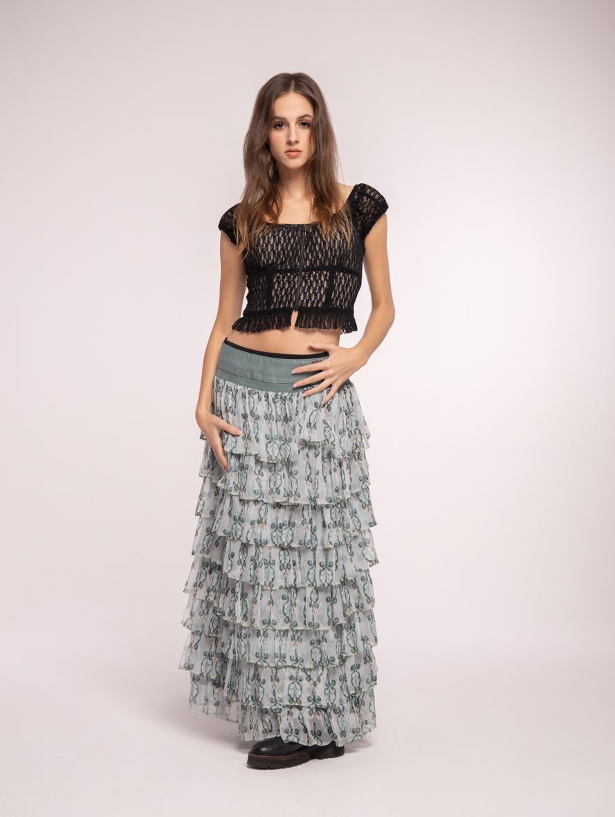 maxi skirt in silk and leather, silk skirt with leather yoke and frills, skirt with lagoon frills, maxi skirt, long skirt with yoke made of natural leather and silk chiffon