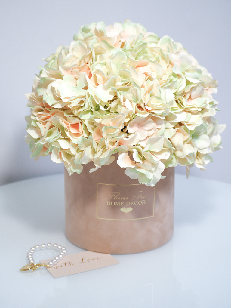 Flower Box Hortensje jedwabne kremowo-brzoskiwniowe  (PREMIUM) zdjęcie 1