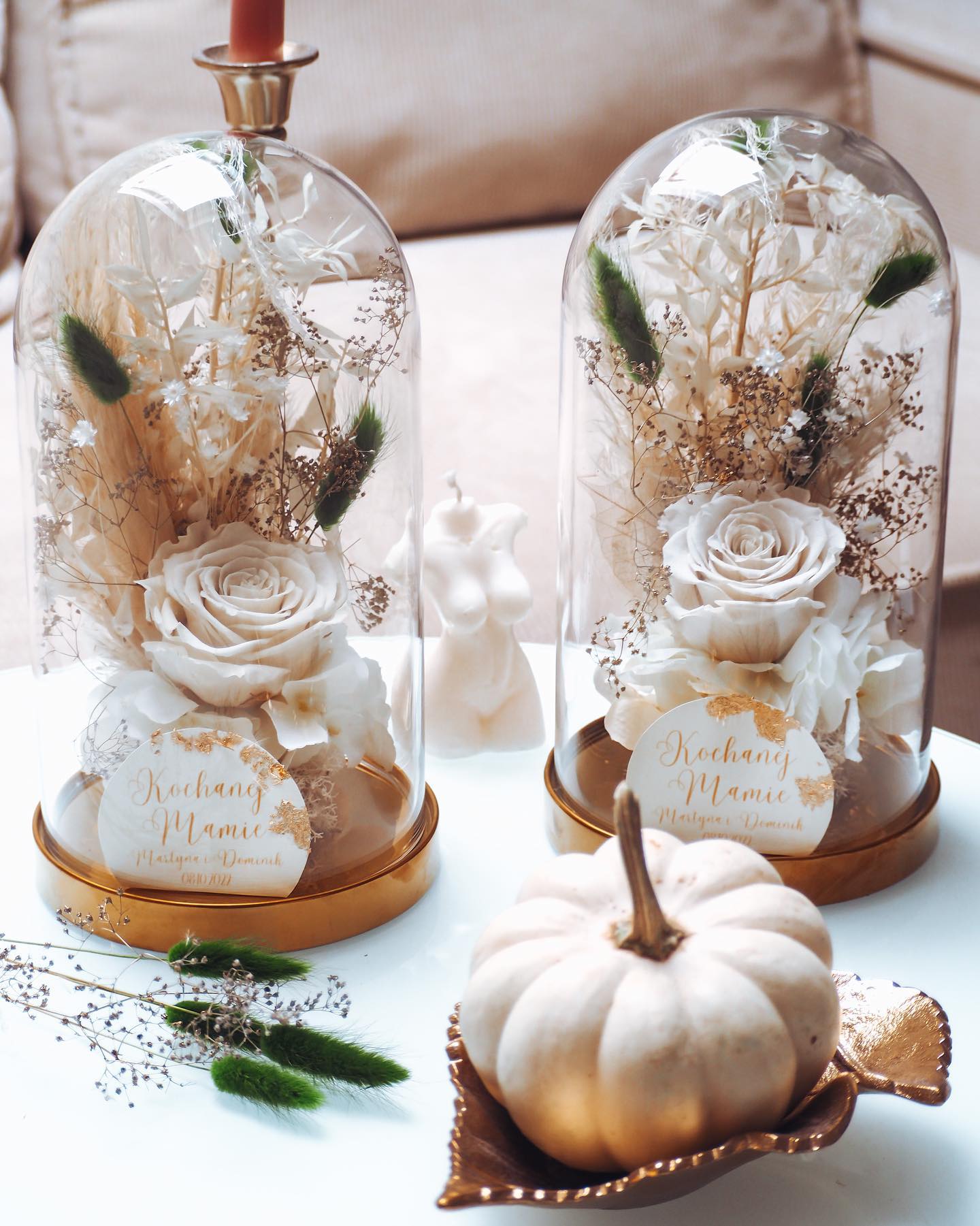 Szklana kopuła z wieczną różą biała zieleń butelkowa (PREMIUM) zdjęcie 1
