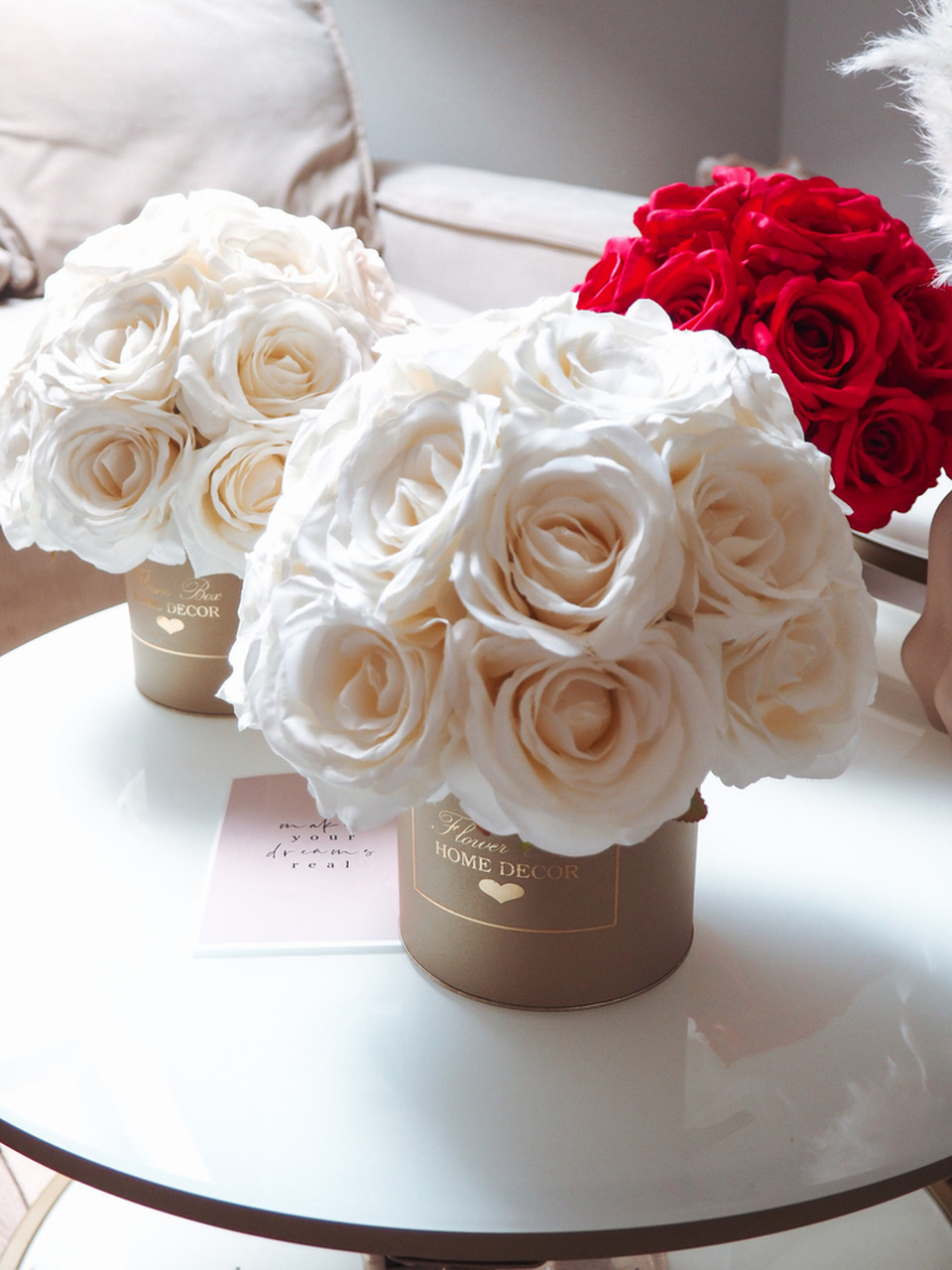 Flower Box śmietankowe róże złote pudełko  (PREMIUM) zdjęcie 4