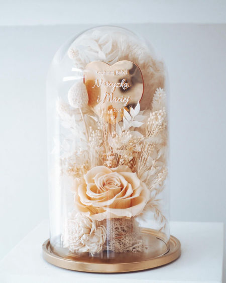 Szklana kopuła z wieczną różą duża złota podstawa biało beżowa (PREMIUM) zdjęcie 3