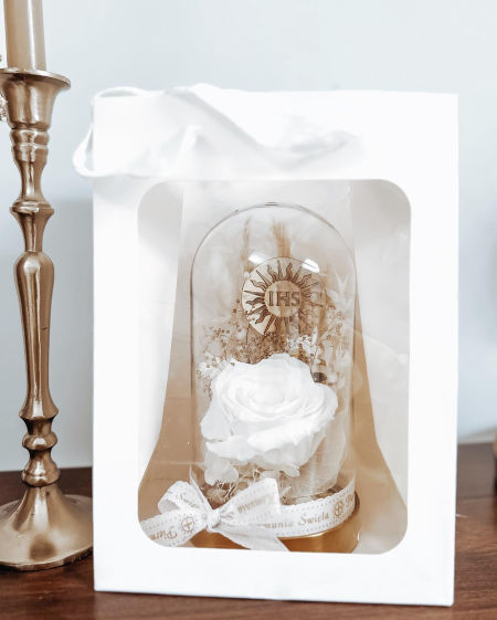 Szklana kopułaz wieczną różą Pamiątka Pierwszej Komunii Świętej (PREMIUM) zdjęcie 2