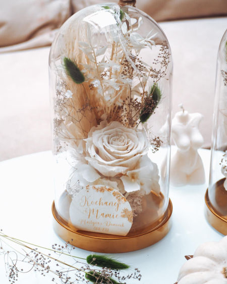 Szklana kopuła z wieczną różą biała zieleń butelkowa (PREMIUM) zdjęcie 2