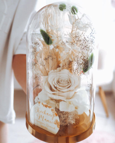 Szklana kopuła z wieczną różą biała zieleń butelkowa (PREMIUM) zdjęcie 3
